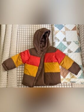 GAP Kids Colorblock Hooded Puffer Jacket - Brown, Red, Yellow